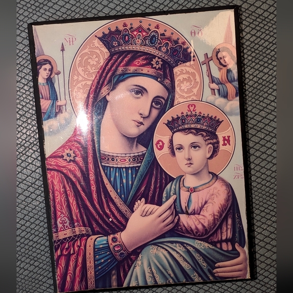 Vintage Blessed Virgin Mary and The Child Jesus Icon Wood Tile on Wood - Picture 4 of 8